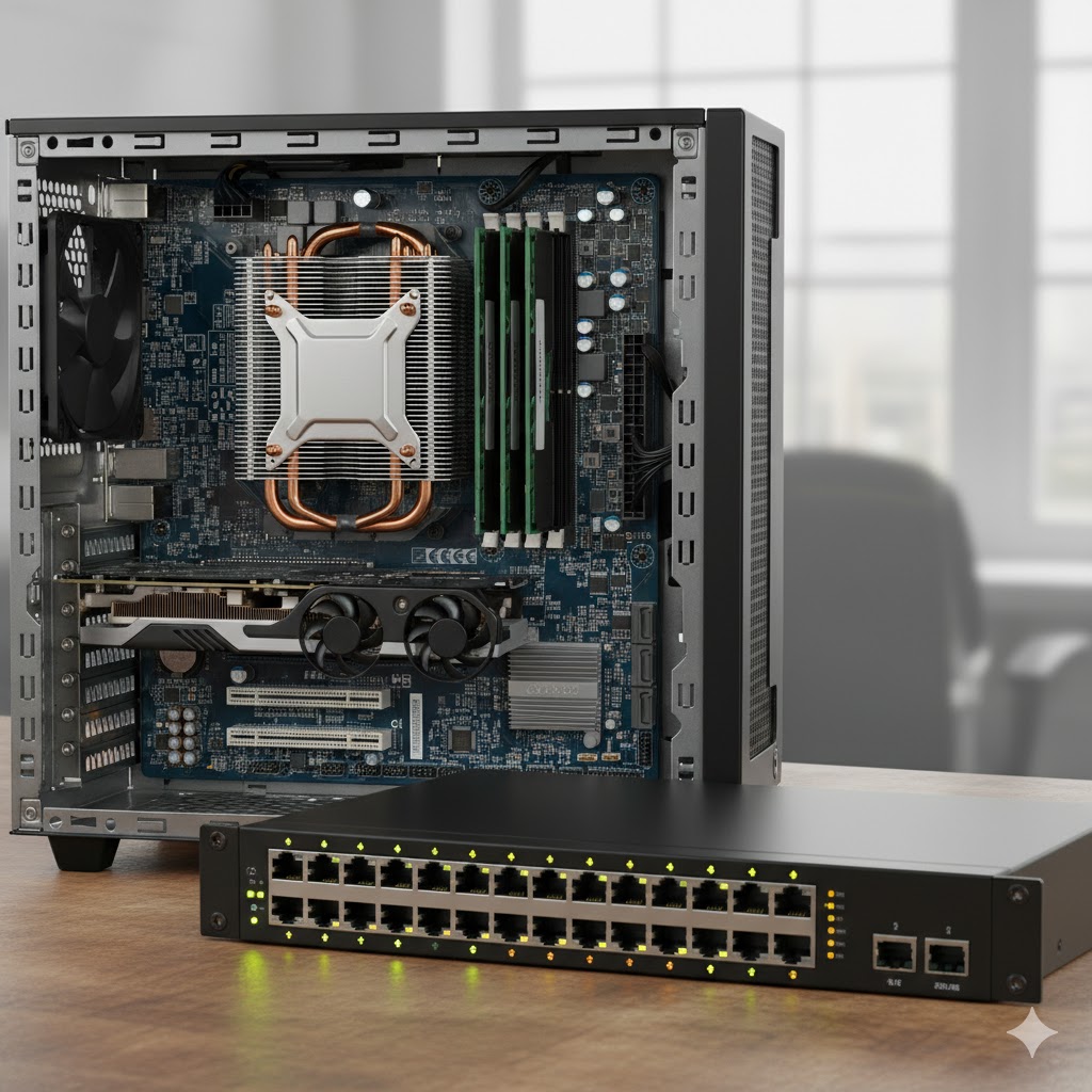 Offener Tower-PC und Netzwerkverteiler